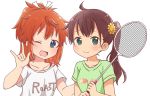  2girls ;d \m/ ahoge badminton_racket bangs blue_eyes blush brown_hair closed_mouth clothes_writing collarbone eyebrows_visible_through_hair floral_print flower green_eyes green_shirt hair_between_eyes hair_flower hair_ornament hair_ribbon high_ponytail highres holding koshigaya_natsumi long_hair multiple_girls niizato_aoi non_non_biyori one_eye_closed open_mouth ponytail print_shirt racket ribbon shika_(s1ka) shirt short_sleeves side_ponytail simple_background smile t-shirt upper_body white_background white_ribbon white_shirt yellow_flower 