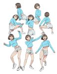  1girl :o arms_up blue_shirt breasts brown_eyes brown_hair highres joongchel_kim long_sleeves looking_at_viewer looking_back medium_breasts midriff multiple_views navel original profile shirt shoes short_hair shorts simple_background sneakers solo stretch sweatdrop white_background white_footwear white_shorts 