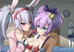  3girls animal_ears ayanami_(azur_lane) azur_lane ball_gag bdsm blonde_hair blush bound bound_wrists breasts caught commentary_request crop_top cross_hair_ornament crown eronadarkness gag green_eyes hair_between_eyes hair_ornament hair_ribbon hairband headgear highres indoors jacket javelin_(azur_lane) laffey_(azur_lane) lavender_hair long_hair looking_at_another midriff mini_crown multiple_girls navel nervous off_shoulder open_mouth pink_jacket ponytail purple_hair purple_ribbon rabbit_ears red_eyes red_hairband ribbon school_uniform serafuku silver_hair small_breasts twintails upper_body very_long_hair wavy_mouth white_camisole yuri 