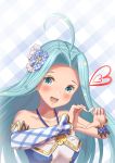  1girl :d absurdres ahoge asymmetrical_sleeves blue_eyes blue_hair blush breasts collarbone detached_sleeves granblue_fantasy hair_intakes halterneck head_tilt heart heart_hands highres long_hair long_sleeves looking_at_viewer lyria_(granblue_fantasy) nail_polish open_mouth pink_nails plaid plaid_background single_sleeve small_breasts smile solo upper_body very_long_hair wander00317_(akihirotanisi) 