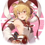  andira_(granblue_fantasy) armpits bangs blonde_hair blush breasts choker commentary_request contrapposto detached_sleeves embarrassed fang granblue_fantasy hand_on_hip hinami_(hinatamizu) looking_at_viewer neck_ribbon open_mouth orange_eyes red_ribbon ribbon short_hair sideboob sidelocks small_breasts sweat twintails two_side_up wavy_mouth 