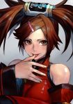 1girl breasts brown_eyes brown_hair china_dress chinese_clothes detached_sleeves dress finger_licking guilty_gear guilty_gear_xrd hair_ornament hair_ribbon hair_ring hair_tubes hairclip hankuri impossible_clothes impossible_dress kuradoberi_jam licking long_hair medium_breasts portrait red_dress ribbon solo tongue tongue_out twintails very_long_hair wide_sleeves