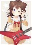  1girl ;) bang_dream! bangs blush bow brown_dress brown_hair closed_mouth collarbone cowboy_shot dress electric_guitar eyebrows_visible_through_hair grey_background guitar hair_ornament hanasakigawa_school_uniform hand_up highres index_finger_raised instrument komomo_(ptkrx) long_sleeves looking_at_viewer ok_sign one_eye_closed outstretched_arm pleated_dress red_bow sailor_collar sailor_dress school_uniform smile solo star star_hair_ornament starry_background toyama_kasumi two-tone_background violet_eyes white_background white_sailor_collar 