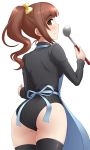  1girl apron ass bangs black_legwear black_leotard blue_apron blue_ribbon blunt_bangs blush bow breasts brown_eyes brown_hair closed_mouth cowboy_shot eyebrows_visible_through_hair from_behind hair_bow holding idolmaster idolmaster_cinderella_girls igarashi_kyouko ladle leotard long_hair long_sleeves looking_at_viewer looking_back medium_breasts pataniito ponytail ribbon sidelocks simple_background smile solo striped thigh-highs vertical-striped_leotard vertical_stripes white_background yellow_bow 