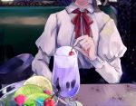  1girl anmitsu_(dessert) black_headwear booth brown_hair cafe cherry collared_shirt commentary_request dessert food fruit hat hat_ribbon head_out_of_frame headwear_removed ice_cream ice_cream_float indoors juliet_sleeves kiwi_slice long_sleeves neck_ribbon parfait poteimo_(poteimo622) puffy_sleeves red_neckwear red_ribbon ribbon shirt short_hair solo sweets touhou usami_renko white_shirt 