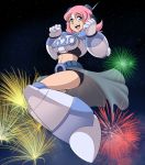  1girl 2020 :d adapted_costume android blue_eyes blush breasts clenched_hand dark_background fireworks full_body hair_between_eyes headset highres hyoumaru jumping large_breasts midriff multicolored_hair nana_(rockman) open_mouth pink_hair rockman rockman_x rockman_x_command_mission short_hair smile solo two-tone_hair 