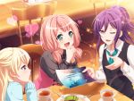 3girls bang_dream! blush dress green_eyes heart heart-shaped_pupils official_art open_mouth pink_hair seta_kaoru shirasagi_chisato short_hair smile sparkle sweatdrop table tears uehara_himari