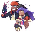  2boys ? arm_around_neck bangs baseball_cap beard black_hair black_headwear black_jacket blue_eyes blue_shirt cellphone commentary_request cropped_torso dande_(pokemon) dark_skin earrings eyebrows_visible_through_hair facial_hair gen_4_pokemon gloves grey_hair grin gym_leader half-closed_eyes hand_up happy hat holding jacket jewelry kibana_(pokemon) long_hair long_sleeves male_focus multicolored_hair multiple_boys notice_lines orange_headband parted_lips phone pokemon purple_hair rotom rotom_phone self_shot shiny shiny_hair shirt short_hair short_sleeves simple_background single_glove smile suzumusi114 teeth two-tone_hair uneven_eyes upper_body white_background wristband yellow_eyes 