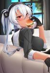  1girl bangs black_gloves black_nails blush breasts collar dark_skin day eating elbow_rest food glasses gloves grey_jacket half_gloves headgear highres holding holding_food indoors jacket kantai_collection large_breasts long_hair looking_back musashi_(kantai_collection) partly_fingerless_gloves red_eyes remodel_(kantai_collection) semi-rimless_eyewear sidelocks silver-framed_eyewear silver_hair sitting solo sweatdrop twintails window yunamaro 