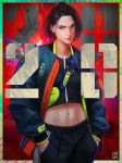  1girl 2020 arata_yokoyama bag black_hair fanny_pack hands_in_pockets highres jacket midriff navel original pants short_hair solo track_jacket track_pants track_suit 