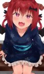  1girl :3 :d artist_name bat_hair_ornament blush collarbone demon_horns demon_wings english_commentary eyebrows_visible_through_hair fang gabriel_dropout hair_between_eyes hair_ornament hair_rings head_tilt highres horns japanese_clothes kimono kurumizawa_satanichia_mcdowell looking_at_viewer needledmouse obi open_mouth pink_eyes redhead sash sleeves_past_wrists smile snowflake_print solo twitter_username v-shaped_eyebrows white_background wings yukata 