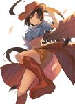  1girl bangs bare_shoulders black_hair black_wings blue_shirt boots breasts brown_footwear brown_headwear brown_skirt commentary cowboy_hat feathered_wings feet_out_of_frame hair_between_eyes hand_up hat highres knee_boots kurokoma_saki long_hair looking_at_viewer medium_breasts miniskirt off-shoulder_shirt off_shoulder puffy_short_sleeves puffy_sleeves red_eyes rin_falcon shirt short_sleeves simple_background skirt smile solo thighs touhou white_background wings 