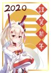  1girl 2020 animal ayanami_(azur_lane) ayanami_(pulse_of_the_new_year)_(azur_lane) azur_lane bare_shoulders blonde_hair blush chinese_zodiac commentary_request floral_print hair_between_eyes hair_ribbon headgear highres holding holding_animal japanese_clothes kimono long_hair long_sleeves looking_at_viewer mouse official_art ponytail red_eyes ribbon smile solo tamariyazuna translation_request white_kimono wide_sleeves year_of_the_rat 