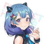 1girl blue_hair blue_neckwear blush character_request closed_mouth copyright_request eyebrows_visible_through_hair hair_ornament horns looking_at_viewer medium_hair nagu necktie sleeveless smile solo upper_teeth violet_eyes 