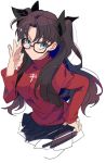  1girl adjusting_eyewear arm_up bangs black-framed_eyewear black_hair black_ribbon black_skirt blue_eyes closed_mouth commentary_request cross eyebrows_visible_through_hair fate/stay_night fate_(series) glasses hair_ribbon long_hair long_sleeves looking_at_viewer parted_bangs red_sweater ribbon simple_background skirt solo sweater tatsuta_age toosaka_rin twintails two_side_up upper_body white_background 