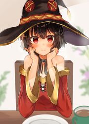  1girl absurdres black_hair button_eyes collar elbows_on_table hat highres kono_subarashii_sekai_ni_shukufuku_wo! looking_at_viewer megumin red_eyes short_hair short_hair_with_long_locks solo table upper_body witch_hat yuno_(suke_yuno) 