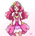  1girl :d absurdres back_bow blush bow cowboy_shot cure_grace flower gloves hair_bun hair_flower hair_ornament hanadera_nodoka healin&#039;_good_precure heart heart_hair_ornament highres layered_skirt long_hair looking_at_viewer magical_girl no_choker open_mouth pink_bow pink_eyes pink_hair pink_skirt precure puffy_sleeves red_flower red_rose rinne_(id43737613) rose simple_background skirt smile solo standing white_background white_gloves 