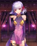  1girl bangs bare_shoulders blush breasts covered_navel detached_sleeves dress earrings fate/grand_order fate_(series) floral_print hair_ribbon jewelry kama_(fate/grand_order) kurage_(kurageru) looking_at_viewer pelvic_curtain petals purple_dress purple_legwear purple_skirt purple_sleeves red_eyes red_ribbon ribbon ring sash short_hair silver_hair skirt small_breasts smile solo thigh-highs thighlet thighs tongue tongue_out 