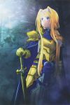  1girl absurdres alice_schuberg armor armored_dress artist_request blue_cape body_armor braided_ponytail cape floating_hair glowing glowing_sword glowing_weapon gold_armor hairband highres holding holding_sword holding_weapon knight osmanthus_blade shoulder_armor spaulders sword sword_art_online sword_art_online_alicization weapon white_hairband 