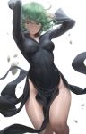  1girl absurdres arms_up black_dress breasts closed_mouth dress green_eyes green_hair groin high_collar highres long_sleeves looking_at_viewer medium_breasts one-punch_man pelvic_curtain short_hair simple_background solo tatsumaki thighs v-shaped_eyebrows white_background yohan1754 