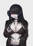  1girl au_ra bikini black_bikini black_choker black_hair black_jacket black_sclera breasts choker cinko collarbone final_fantasy final_fantasy_xiv fingerless_gloves gem gloves hair_over_one_eye heart highres holding holding_phone horns jacket jewelry long_hair navel pale_skin parted_lips phone purple_lips red_eyes ring scales smile solo swimsuit upper_body 