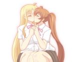  2girls blonde_hair blush breasts brown_hair closed_eyes collared_shirt couple fate_testarossa holding_hands interlocked_fingers kano-0724 kiss large_breasts long_hair lyrical_nanoha mahou_shoujo_lyrical_nanoha mahou_shoujo_lyrical_nanoha_a&#039;s multiple_girls neck_ribbon pink_ribbon ribbon school_uniform shirt side_ponytail skirt takamachi_nanoha thighs uniform very_long_hair white_shirt yuri 