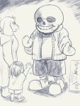  1girl 2others 8-4 bob_cut child cosplay crocs frisk_(undertale) furry greyscale holding_hands human mascot_costume mittens monochrome monster multiple_others sans sans_(cosplay) shirt shorts skeleton slippers super_smash_bros. t-shirt toby_fox_(publisher) toriel undertale waving 