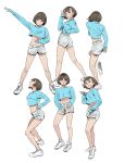  1girl arm_up ass blue_shirt brown_eyes brown_hair crop_top hand_up highres joongchel_kim looking_back midriff multiple_views navel original pose shirt short_hair shorts simple_background standing standing_on_one_leg white_background white_footwear white_shorts 