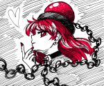  1girl bangs black_choker chain choker commentary_request earrings eyebrows_visible_through_hair from_side hand_up heart hecatia_lapislazuli highres jewelry long_hair looking_at_viewer nail_polish polos_crown profile red_eyes red_nails redhead smile solo sonosaki_kazebayashi stud_earrings touhou white_background 