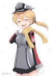  1girl ^_^ ^o^ ahenn blonde_hair closed_eyes commentary_request hair_between_eyes hat kantai_collection long_hair open_mouth peaked_cap prinz_eugen_(kantai_collection) smile solo twitter_username 