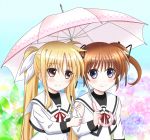  ai_ai_gasa black_ribbon blonde_hair blush brown_hair couple fate_testarossa flower hair_ornament hair_ribbon hand_on_another&#039;s_arm happy leaf long_hair lyrical_nanoha mahou_shoujo_lyrical_nanoha mahou_shoujo_lyrical_nanoha_a&#039;s red_eyes ribbon school_uniform shimmy_(2464530) short_twintails smile takamachi_nanoha twintails umbrella uniform violet_eyes white_ribbon yuri 