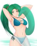  1girl armpits bikini blue_bikini cowboy_shot cute fire_emblem fire_emblem:_rekka_no_ken fire_emblem:_the_blazing_blade fire_emblem_7 fire_emblem_blazing_sword green_eyes green_hair innertube intelligent_systems long_hair looking_at_viewer lyn_(fire_emblem) lyndis_(fire_emblem) navel nintendo parted_lips ponytail sexy smgold solo swimsuit 