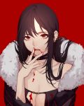  1girl black_hair blood blood_on_breasts blood_on_face blood_on_fingers breasts choker consort_yu_(fate) dress ear_piercing earrings english_commentary fate/grand_order fate_(series) finger_to_mouth hair_over_shoulder highres jesse_(pixiv34586727) jewelry long_hair looking_at_viewer piercing red_background red_eyes simple_background solo strapless strapless_dress upper_body vampire 