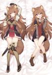  1girl :d animal_ear_fluff animal_ears arm_up bed_sheet between_legs boots breasts brown_footwear brown_gloves brown_hair byulzzimon collar dakimakura dress full_body gloves hair_ornament hand_up highres long_hair long_sleeves looking_at_viewer lying medium_breasts multiple_views on_back open_mouth raccoon_ears raccoon_girl raccoon_tail raphtalia red_eyes red_neckwear sheath smile strap tail tail_between_legs tate_no_yuusha_no_nariagari thigh-highs thigh_boots thighs very_long_hair watermark zettai_ryouiki 