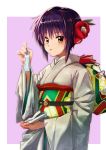  1girl brown_eyes closed_mouth english_commentary eyebrows_visible_through_hair flower hair_flower hair_ornament highres holding holding_tanzaku japanese_clothes kimono long_sleeves looking_at_viewer mogege_gk nagato_yuki obi purple_hair sash short_hair simple_background solo suzumiya_haruhi_no_yuuutsu tanzaku upper_body white_kimono wide_sleeves 