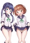  2girls :d black_hair black_legwear blue_eyes blue_sailor_collar blue_skirt blush brown_eyes brown_hair closed_mouth green_ribbon hair_ornament highres kneehighs koisuru_asteroid konohata_mira lifted_by_self long_hair long_sleeves looking_at_viewer manaka_ao mochiyuki multiple_girls neck_ribbon one_side_up open_mouth panties pleated_skirt polka_dot polka_dot_panties print_panties ribbon sailor_collar school_uniform serafuku shirt simple_background skirt skirt_lift smile star star_hair_ornament star_panties star_print twintails underwear very_long_hair white_background white_legwear white_panties white_shirt 