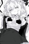  1girl absurdres ascot blush bra breasts flandre_scarlet flashing greyscale hair_between_eyes hat head_tilt highres looking_at_viewer make_maketan medium_breasts mob_cap monochrome open_clothes open_shirt open_vest parted_lips pointy_ears simple_background skirt slit_pupils small_breasts smile solo sweatdrop touhou underwear undressing vest white_background wings 