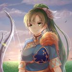  1girl absurdres am_(am_cat12) armor artist_name bangs blue_dress blue_sky bow_(weapon) breasts clouds commentary_request cute day dress earrings eyebrows_visible_through_hair feathers female_focus fire_emblem fire_emblem:_rekka_no_ken fire_emblem:_the_blazing_blade fire_emblem_7 fire_emblem_blazing_sword fire_emblem_heroes fur_trim grass green_eyes green_hair hair_feathers highres intelligent_systems jewelry long_hair long_ponytail looking_at_viewer lyn_(fire_emblem) medium_breasts nintendo outdoors pendant ponytail short_sleeves sky smile solo twitter_username upper_body weapon 