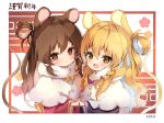  2020 2girls :o animal_ears bangs blonde_hair blush bow braid brown_eyes brown_hair capelet commentary_request eyebrows_visible_through_hair hair_between_eyes hair_bow hakurei_reimu kemonomimi_mode kirisame_marisa long_hair looking_at_viewer mouse_ears mouse_tail multiple_girls no_hat no_headwear parted_lips pink_bow piyokichi single_braid tail touhou translation_request upper_body white_capelet 