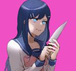  1girl blue_eyes blue_hair bow collarbone commentary_request dangan_ronpa dangan_ronpa_1 hair_between_eyes hair_ornament hairclip highres holding holding_knife knife long_hair long_sleeves maizono_sayaka open_mouth pink_background pink_bow school_uniform serafuku simple_background solo tears zabe_o 