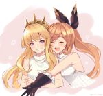  2girls aoi_(kirabosi105) black_gloves blonde_hair bow cagliostro_(granblue_fantasy) clarisse_(granblue_fantasy) closed_eyes gloves granblue_fantasy grin hair_bow imminent_hug light_brown_hair long_hair multiple_girls ponytail sleeveless_sweater smile tiara twitter_username violet_eyes 