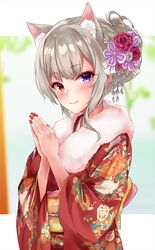  1girl animal_ear_fluff animal_ears blurry blurry_background blush braid closed_mouth depth_of_field fingernails floral_print flower fur_collar grey_hair hair_bun hair_flower hair_ornament hands_together hands_up heterochromia highres japanese_clothes kimono looking_at_viewer marisasu_(marisa0904) nail_polish obi original own_hands_together palms_together print_kimono red_eyes red_flower red_kimono red_nails red_rose rose sash sidelocks smile solo upper_body violet_eyes 