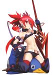  1girl absurdres arm_belt belt boots breasts choker demon_girl demon_tail demon_wings disgaea disgaea_d2 earrings elbow_gloves etna flat_chest gloves hara_shoutarou highres holding holding_spear holding_weapon jewelry makai_senki_disgaea navel pointy_ears polearm prinny red_eyes red_legwear red_wings redhead short_shorts shorts simple_background sitting sitting_on_person skull_earrings small_breasts spear tail thigh-highs thigh_boots thighhighs_under_boots twintails weapon white_background white_belt wings 