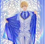  1boy arthur_pendragon_(fate) blonde_hair blue_theme fate/prototype fate_(series) formal green_eyes highres lalatia-meai male_focus necktie pinstripe_pattern removing_jacket smile solo striped suit vest waistcoat white_vest 