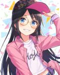  1girl bangs baseball_cap black_hair black_headwear blue_eyes blush breasts buttons clothes_writing earrings glasses grin hat hoop_earrings idolmaster idolmaster_shiny_colors jacket jewelry long_hair long_sleeves looking_at_viewer mitsumine_yuika pink_jacket shirt small_breasts smile solo white_shirt yellow-framed_eyewear yuuhi_(ages) 