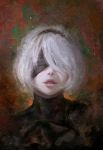  1girl black_blindfold black_hairband blindfold face hairband highres lips nier_(series) nier_automata portrait sorapoi traditional_media yorha_no._2_type_b 