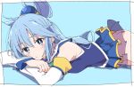  1girl 5pb. aqua_(konosuba) blue_background blue_eyes blue_hair blue_skirt blush cute detached_sleeves eyebrows_visible_through_hair hair_between_eyes hair_rings ixy kadokawa_shoten kono_subarashii_sekai_ni_shukufuku_wo! long_hair looking_at_viewer lying mages_(company) on_stomach simple_background skirt solo studio_deen 