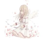  1girl angel baiju_(white) dress flower long_hair long_sleeves original simple_background white_background white_dress white_wings wings 