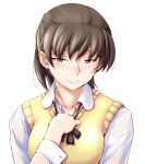  1girl amagami bangs brown_eyes brown_hair choker eyebrows_visible_through_hair highres looking_at_viewer neck_ribbon pulling ribbon sasaki_akira_(ugc) simple_background smile solo sweater_vest tsukahara_hibiki tsurime unbuttoned white_background 