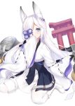  1girl absurdres animal_ears azur_lane blue_eyes boots commentary_request fox_ears hair_over_one_eye highres japanese_clothes kasumi_(azur_lane) kimidori3_karla long_hair long_sleeves looking_at_viewer seiza silver_hair simple_background sitting solo thigh-highs white_background white_legwear 